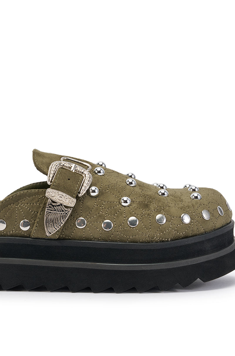 Embellished Faux Suede Flatform Clog Mule | AKIRA