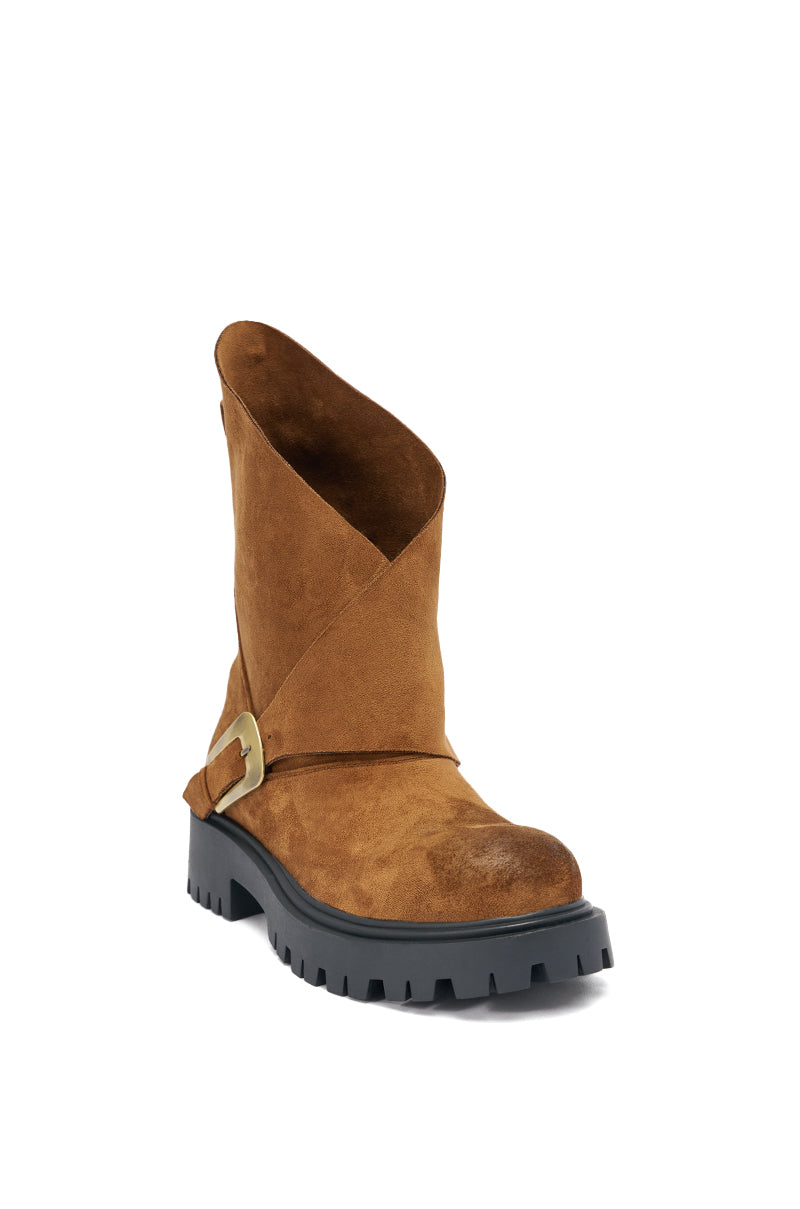 The AZALEA WANG PHRIXUS Brown Chunky Short Shaft Faux Suede Boot features an asymmetrical fold-over design, chunky lug sole, and a gold buckle detail for a rugged yet stylish look.