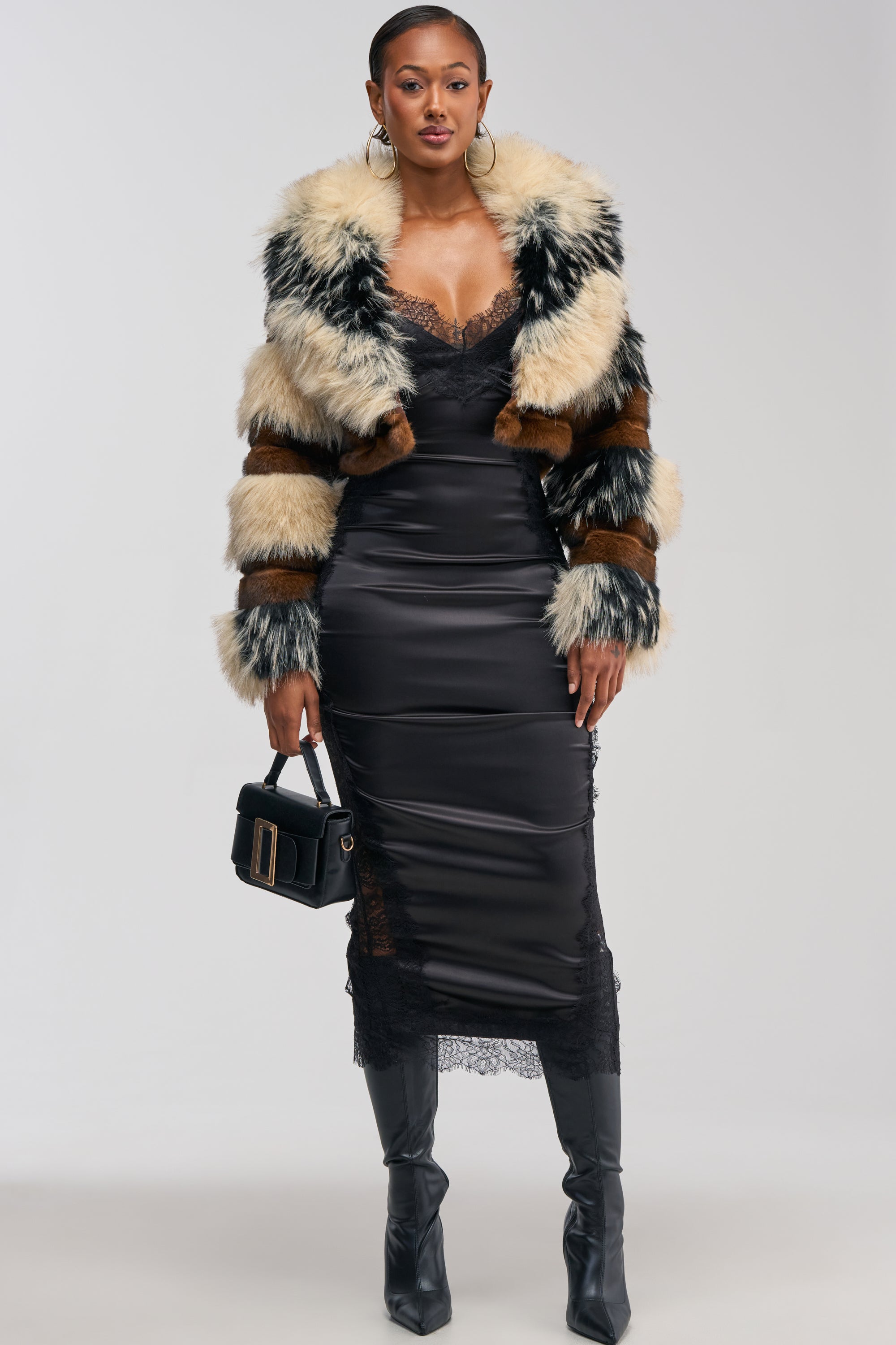 black fur coat for dress AKIRA Portia Cropped Faux Jacket | Brown Size:13.5 UK / 14.5 US Calvin Klein Women's Size Spot clean only Imported Delayed