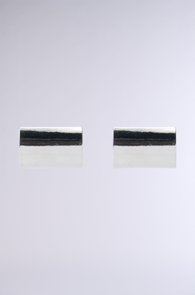 Minimalist, rectangular MOD Earrings by AKIRA Label featuring a geometric design and post-back hinge closures, set against a light grey background.