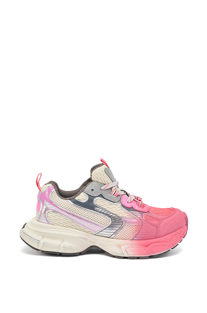 The AZALEA WANG PSI PINK LACE SNEAKER is a stylish athleisure shoe with a chunky platform sole, gradient pink and gray design, silver accents, white mesh panels, and gray laces, shown from the side on a white background. 3