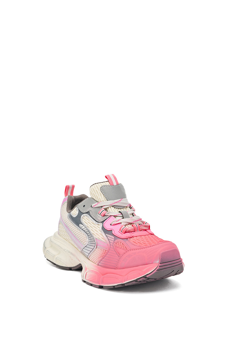 The AZALEA WANG PSI PINK LACE SNEAKER features a chunky platform sole and multicolor mesh in pink, purple, gray, and beige with reflective accents—perfect for athleisure. Shown on a white background. 4