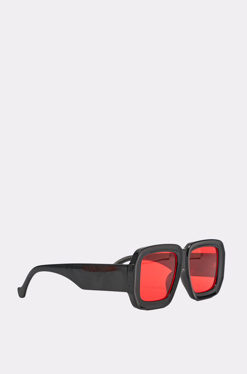 The RED VISION SUNGLASSES feature bold, thick black and red square frames with red-tinted lenses, displayed on a plain light background—ideal for anyone seeking stylish, fashion-forward eyewear. 3