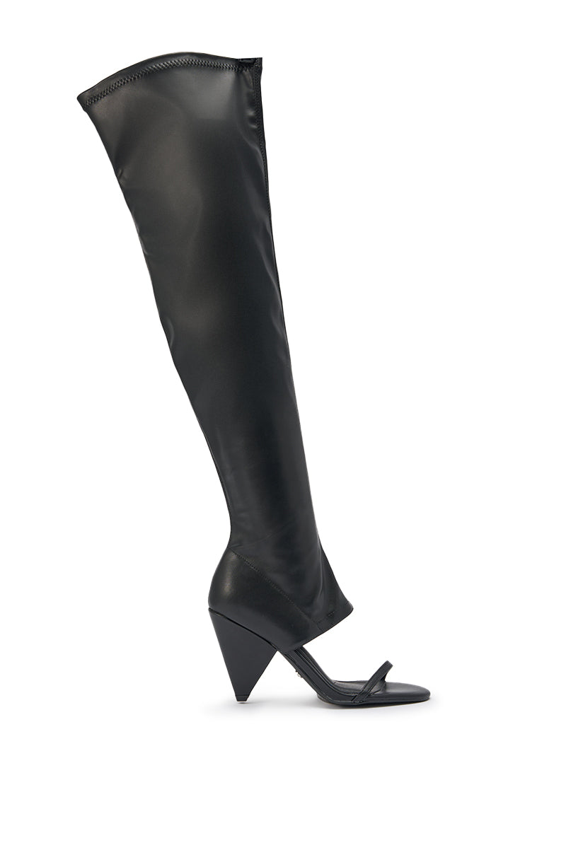 The AZALEA WANG RAGNAR Black Chunky Stretch PU Over The Knee Boot features stylish black faux leather and a bold block heel. 4