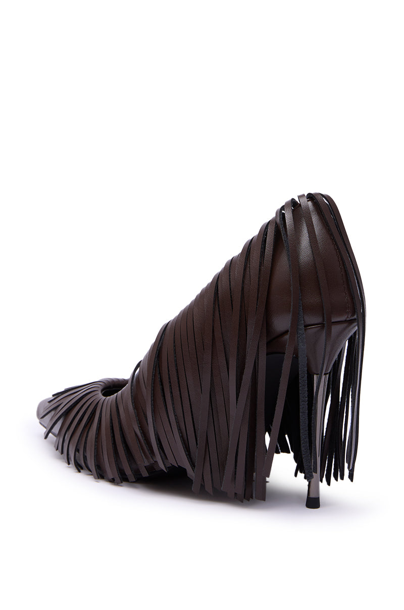 The AZALEA WANG RALPH CHOCOLATE FRINGE CLASSIC PUMP is a dark brown faux leather stiletto with long, thin fringe details, shown from the back and side against a white background.
