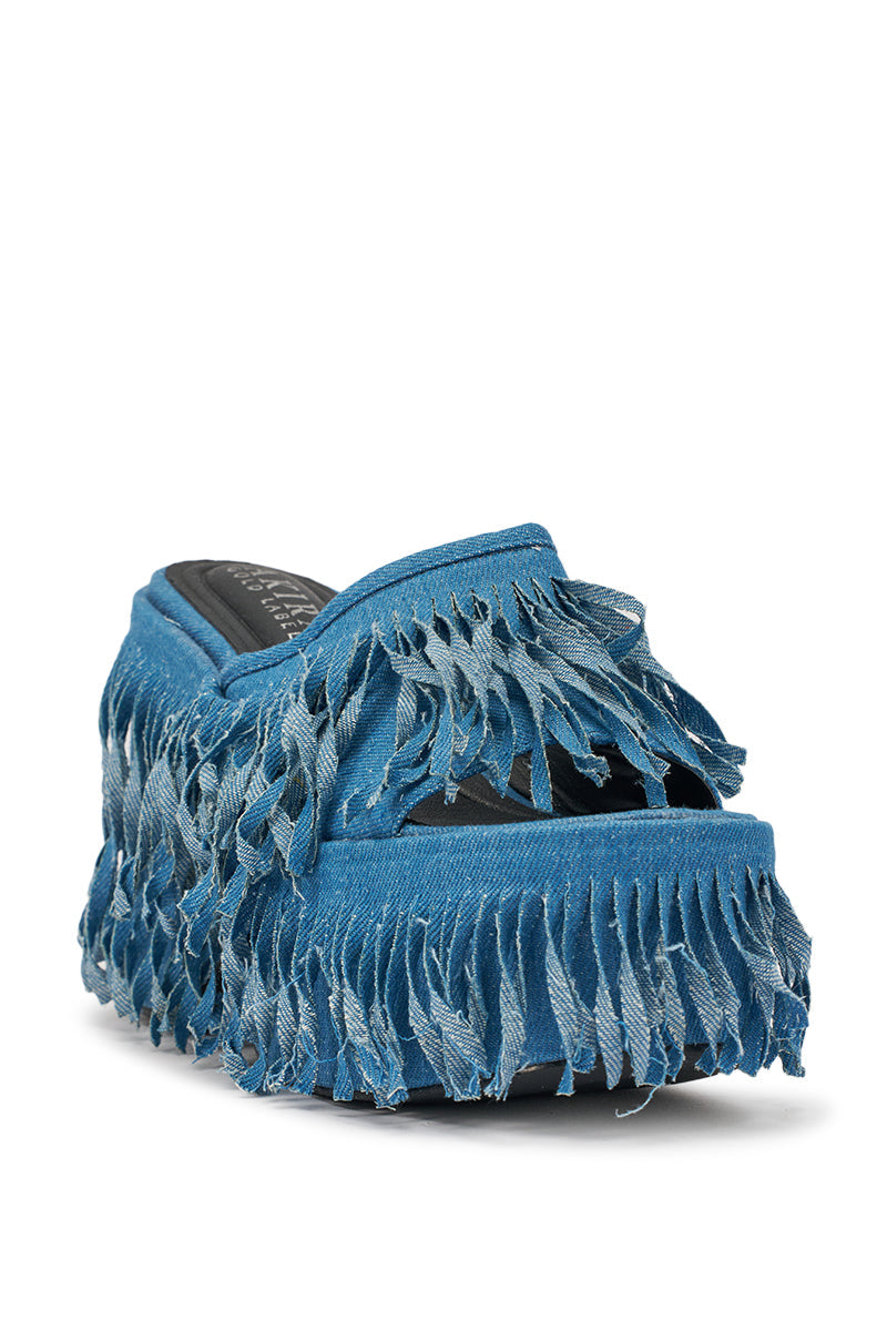 The AKIRA GOLD RAMESHA DENIM FRINGE PLATFORM SANDAL features blue denim with frayed fringe on the upper, sides, and sole—adding a playful texture that's perfect for anyone who loves stylish fringe sandals. 4