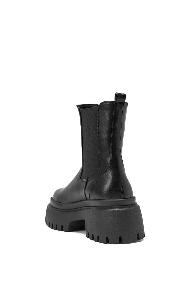 The AZALEA WANG RAMPAGE BLACK DISTRESSED TWO PIECE COMBAT BOOT, featuring a chunky platform lug sole, is shown from a rear side angle against a plain white background. 10
