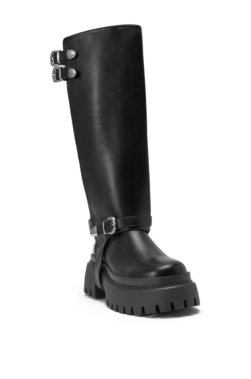 The AZALEA WANG RAMPAGE Black Distressed Two Piece Combat Boot features a knee-high design, platform lug sole, silver buckles at the top and ankle, and a smooth faux leather finish. 7