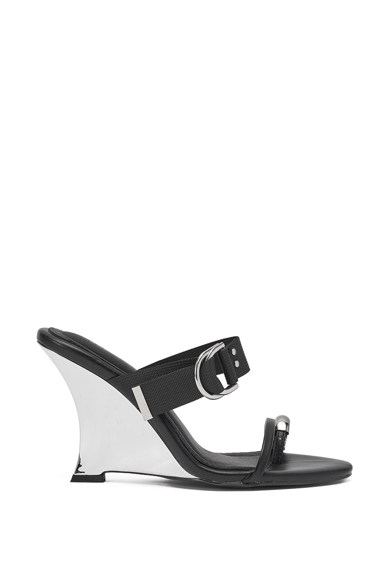 The AZALEA WANG RANGSEY BLACK SILVER WEDGE SANDAL WITH TOE RING features a minimalist black design, sporty straps with a silver buckle, comfort cushion insole, wide silver metallic heel, and a thin toe ring strap for added elegance. 3