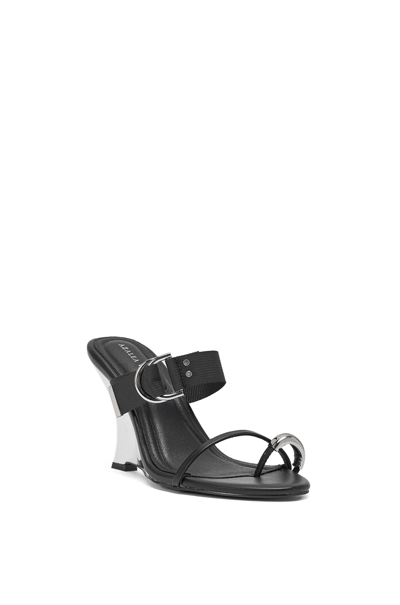 The AZALEA WANG RANGSEY BLACK SILVER WEDGE SANDAL WITH TOE RING features a black wide strap with a silver buckle, a thin toe ring strap, and a distinctively shaped silver-and-black wedge heel on a white background. 4
