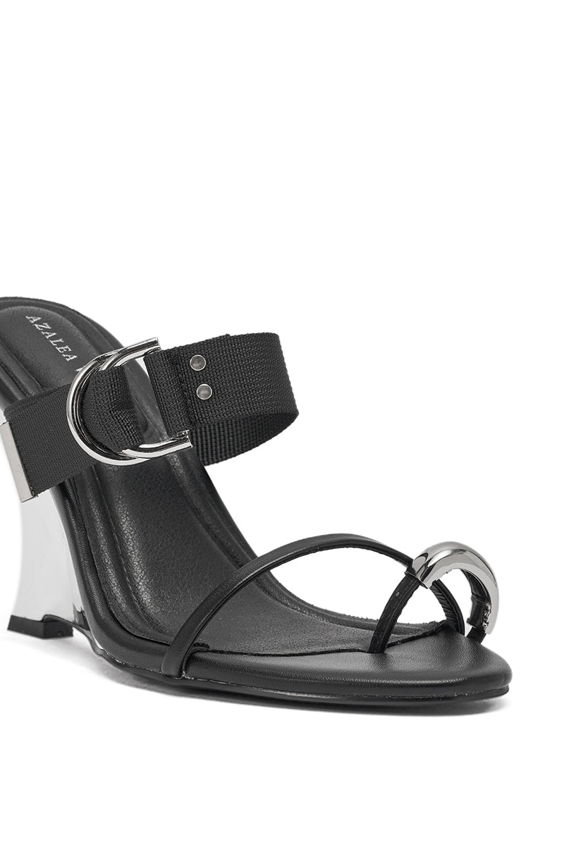 The AZALEA WANG RANGSEY BLACK SILVER WEDGE SANDAL WITH TOE RING features an open toe, silver buckle, metallic accents, sporty thin straps, and a comfy wedge heel—perfect for modern minimalist style and all-day wear. 6