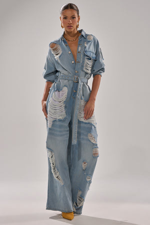 NOT TODAY EXTREME OVERSIZED DISTRESSED DENIM JUMPSUIT – AKIRA