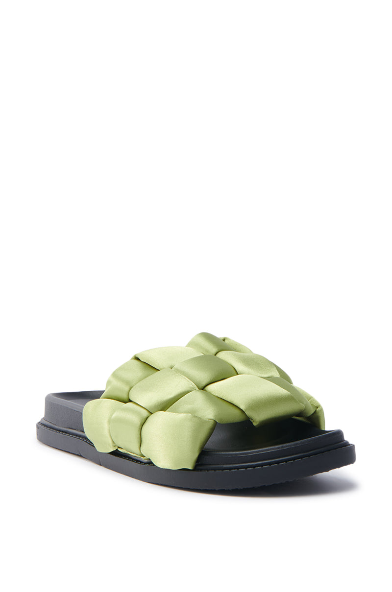 Check out the AKIRA REIGNS Olive Braided Puff Slip-On Sandal, a chic black sandal with a satin-textile upper and wide strap of padded green woven fabric. Its smooth texture and textured-edge elevated sole offer a bold, stylish look.
