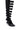 The AZALEA WANG REIN BLACK THIGH HIGH BOOT is crafted from faux leather with wide horizontal cutouts and straps, featuring a pointed toe and a short, thin heel.