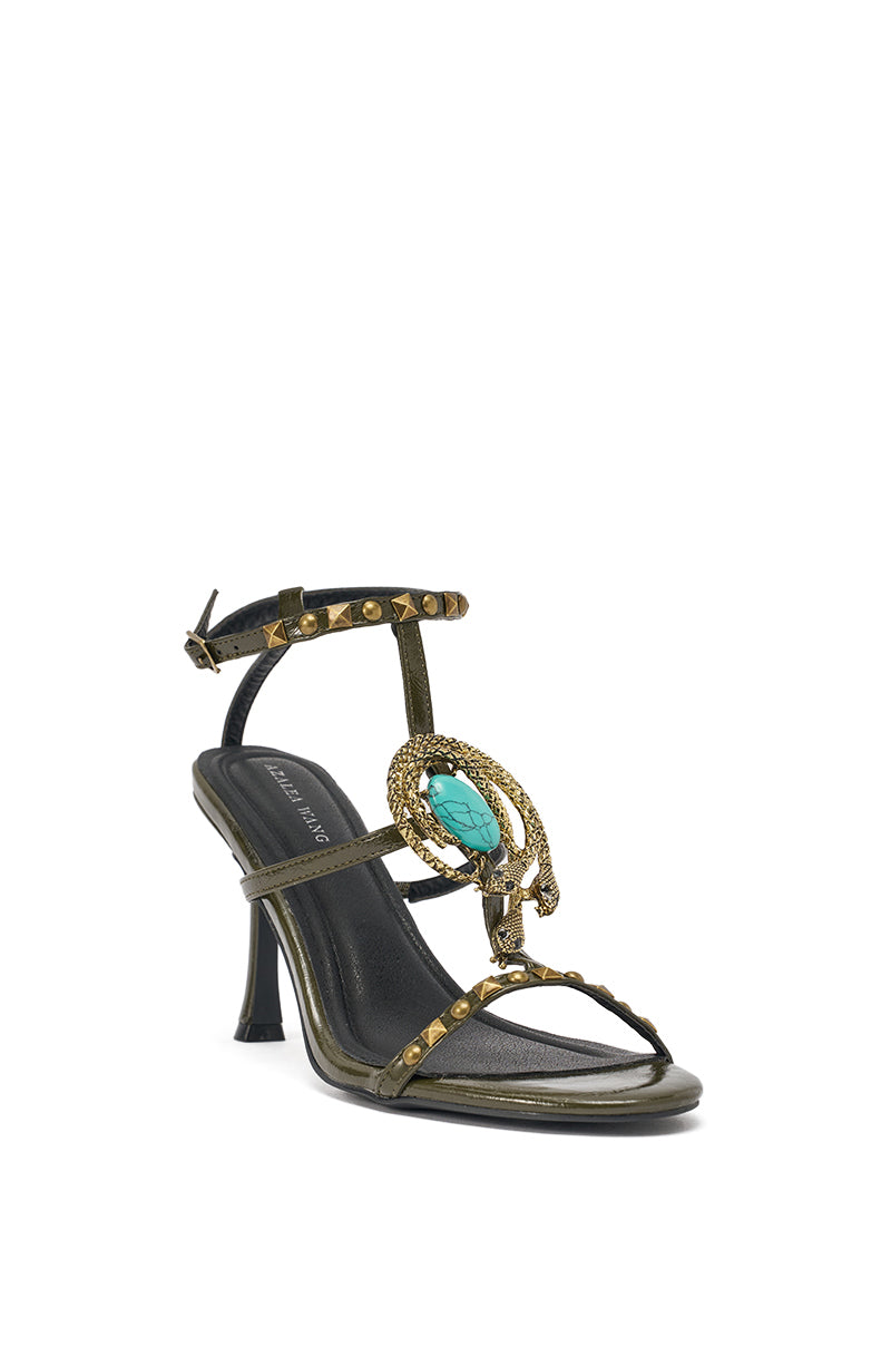 The AZALEA WANG REPUTATION OLIVE PU EMBELLISHED STILETTO SANDAL features black and gold straps, gold stud accents, turquoise snake detailing with a turquoise stone front, and an ankle strap with buckle for a secure fit. 4