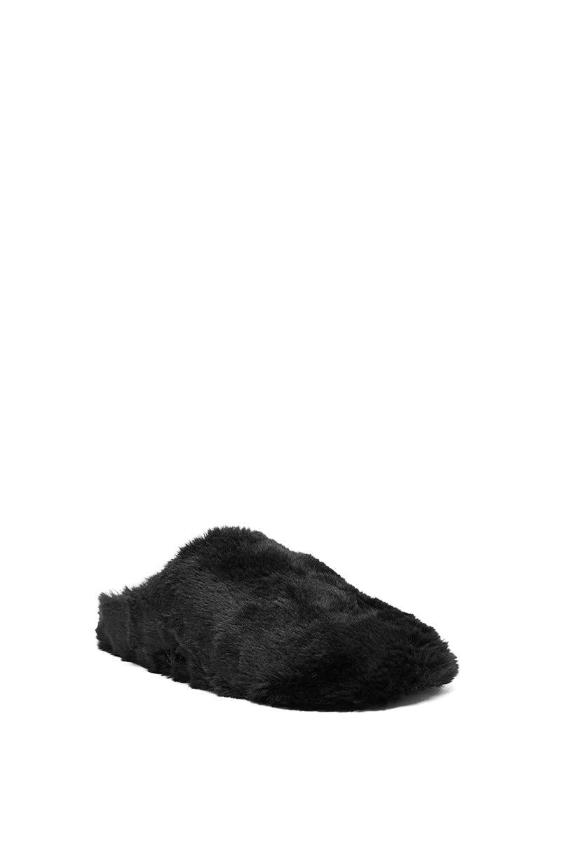 The AKIRA RHYS BLACK FUZZY FLAT is a single black fuzzy slipper with a closed toe and open back, shown against a white background.