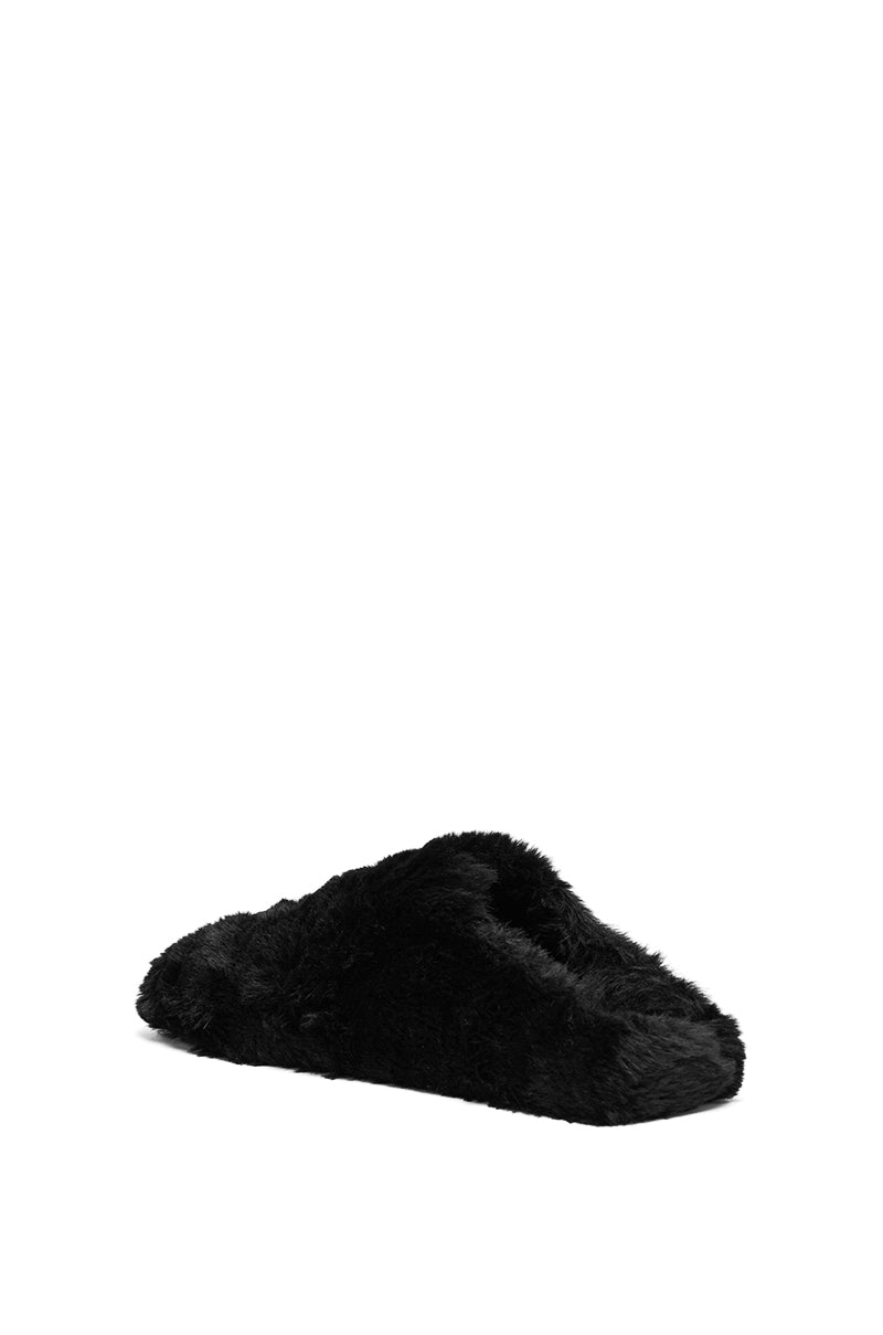 The AKIRA RHYS BLACK FUZZY FLAT slipper features a single black fuzzy design with a closed toe, displayed against a plain white background.