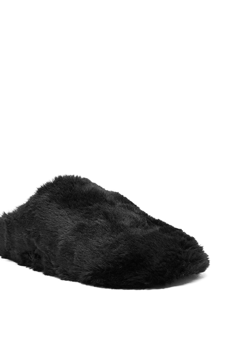 The AKIRA RHYS BLACK FUZZY FLAT, a single black slipper with a soft, fleece-like plush texture, is displayed against a plain white background.