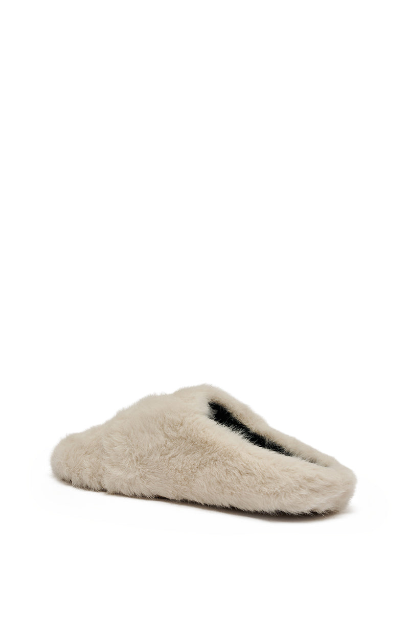 The AKIRA RHYS IVORY FUZZY FLAT, a single beige fluffy slipper with an almond toe and open back, is displayed against a plain white background.