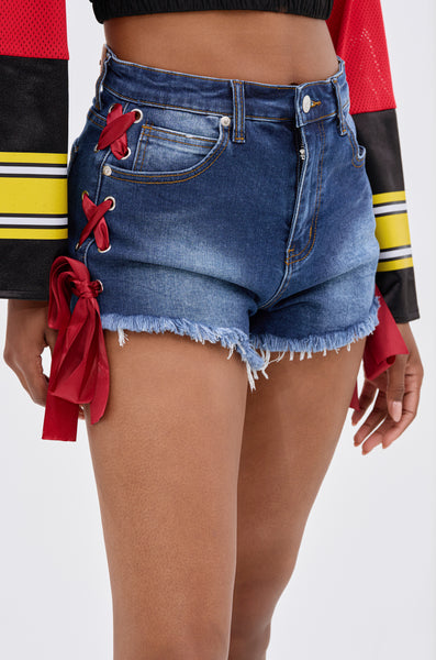 人気デニム【ｒｏｎｒｏｎ】SIDE LACE TRACK DENIM SHORTS PANTS Denim Shorts w/ Side Slit – Route 81 Boutique
