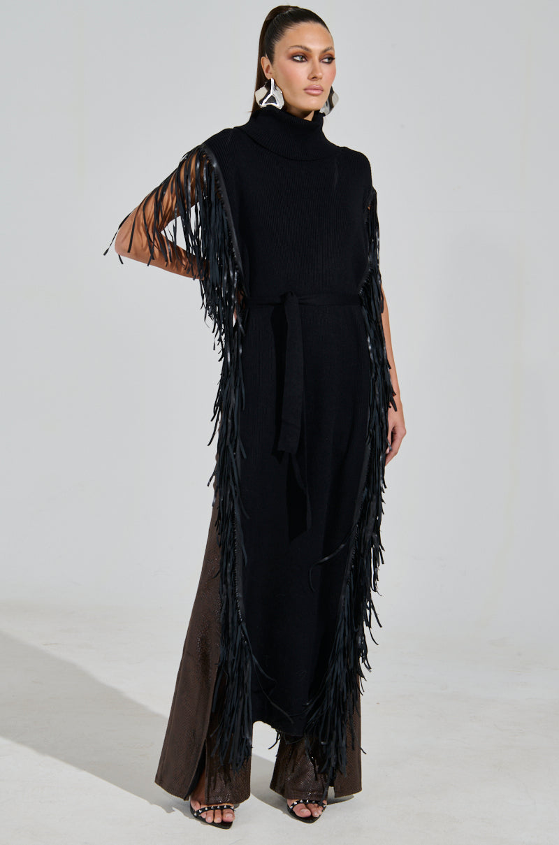 CHEYENNE FAUX BLACK LEATHER FRINGE BELTED SWEATER  AKIRA
