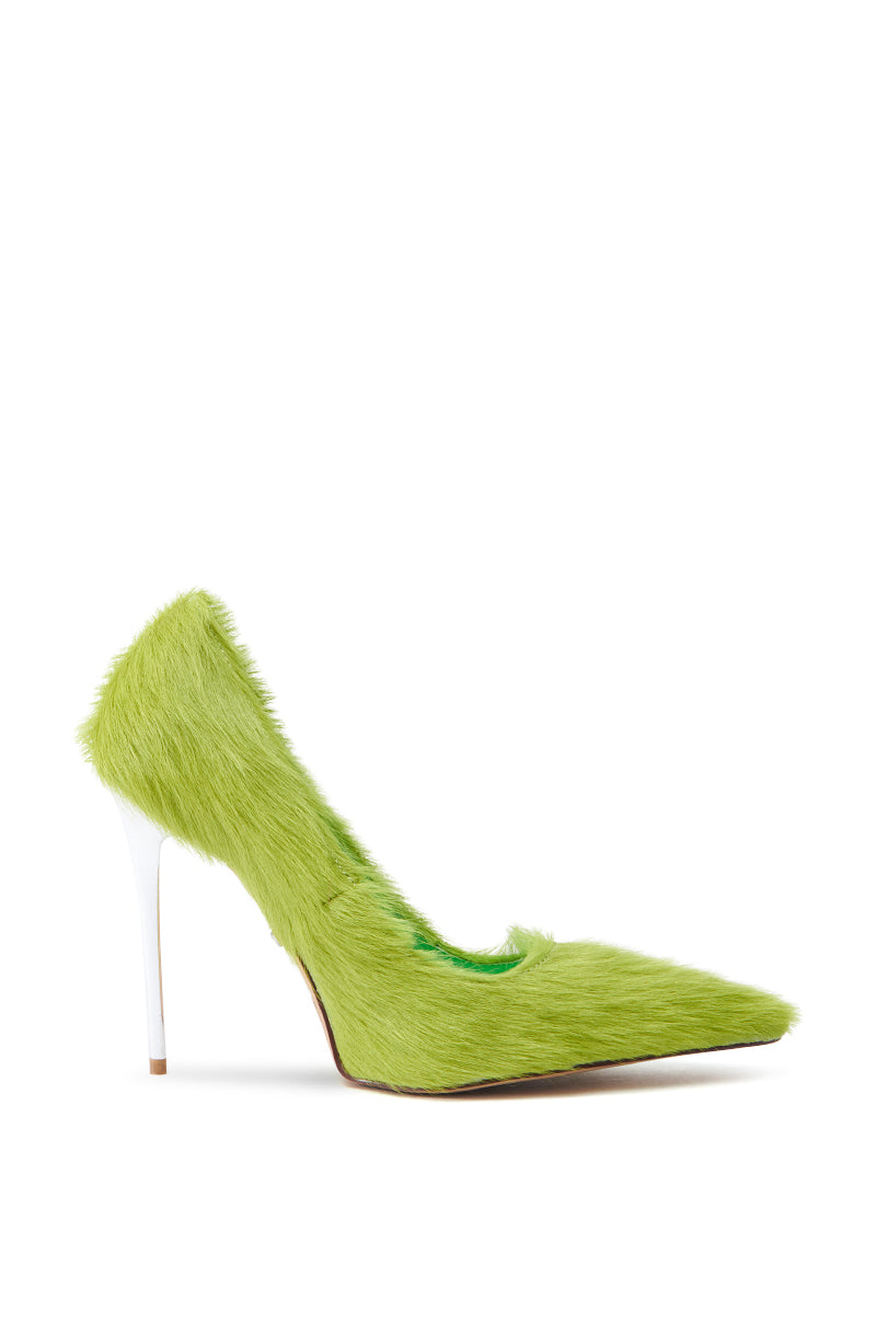 The AZALEA WANG ROMEE GREEN PONY HAIR PUMP is a high-heeled shoe featuring vibrant green faux pony hair, a pointed toe, and a sleek metallic silver stiletto heel, offering a modern avant-garde design.