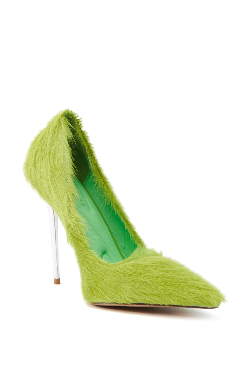 The AZALEA WANG ROMEE green faux pony hair pump features a sleek metallic silver stiletto heel and a pointed toe, all set against a plain white backdrop.
