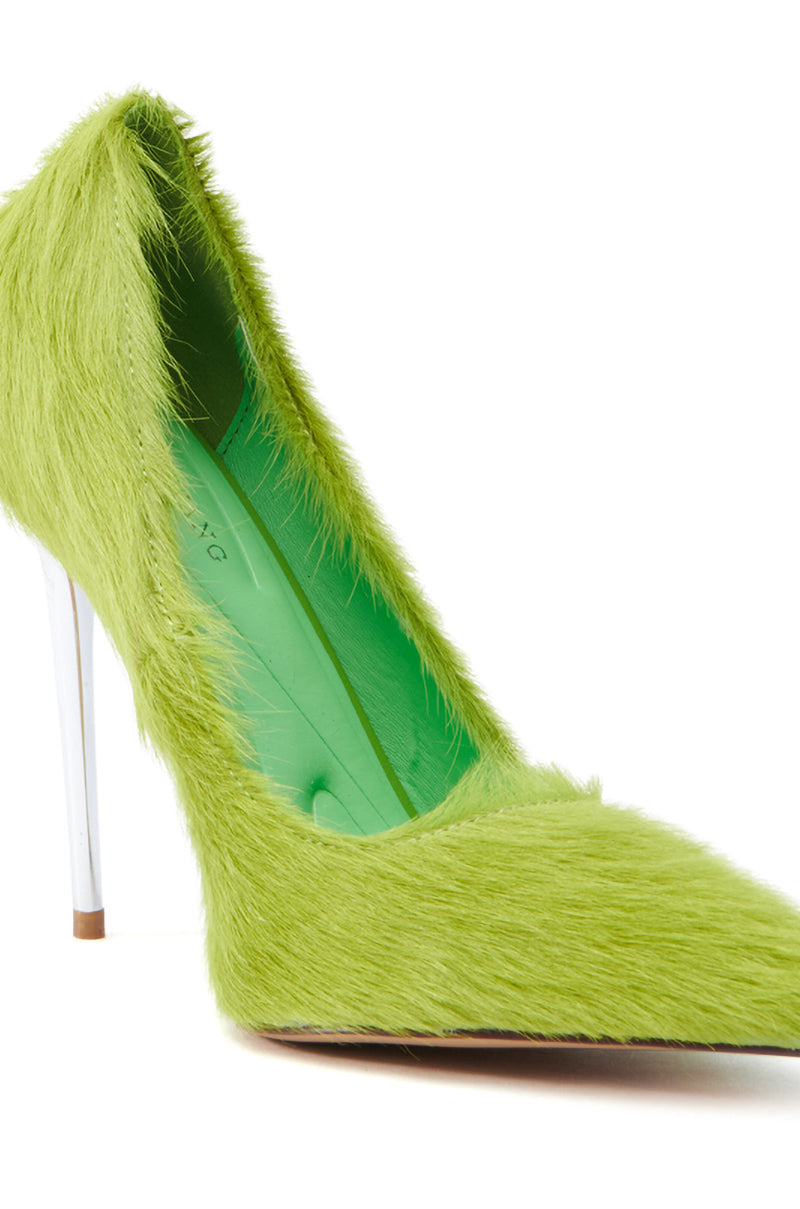 The AZALEA WANG ROMEE GREEN PONY HAIR PUMP is a lime green high-heeled shoe featuring faux pony hair, a metallic stiletto heel, a pointed toe, and a coordinating green interior lining.