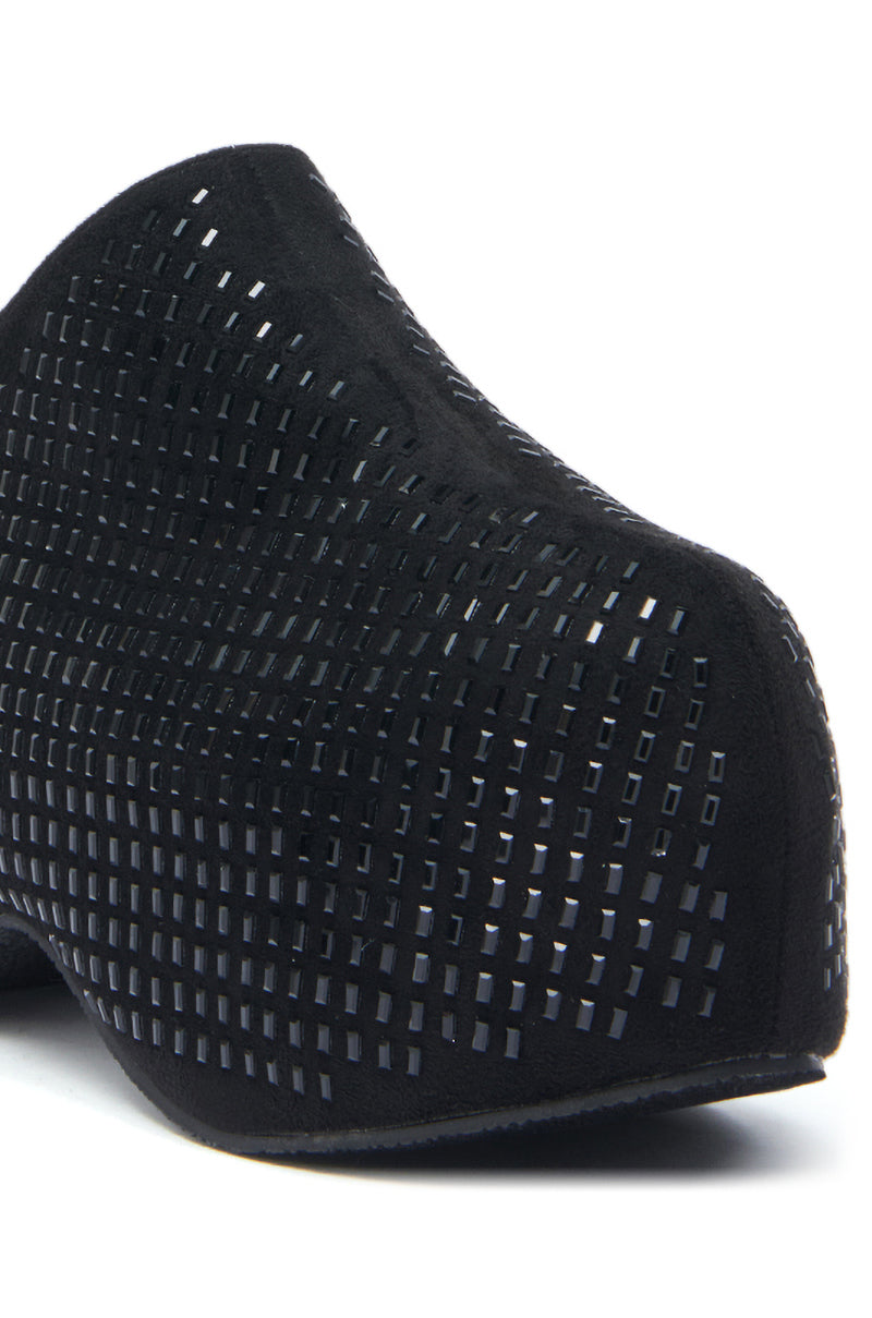Close-up of the AZALEA WANG ROMESCO BLING FLATFORM CLOG IN BLACK, featuring a geometric cutout pattern with a reflective underlay, smooth curved lines, sculptural design, and a comfort cushion insole.