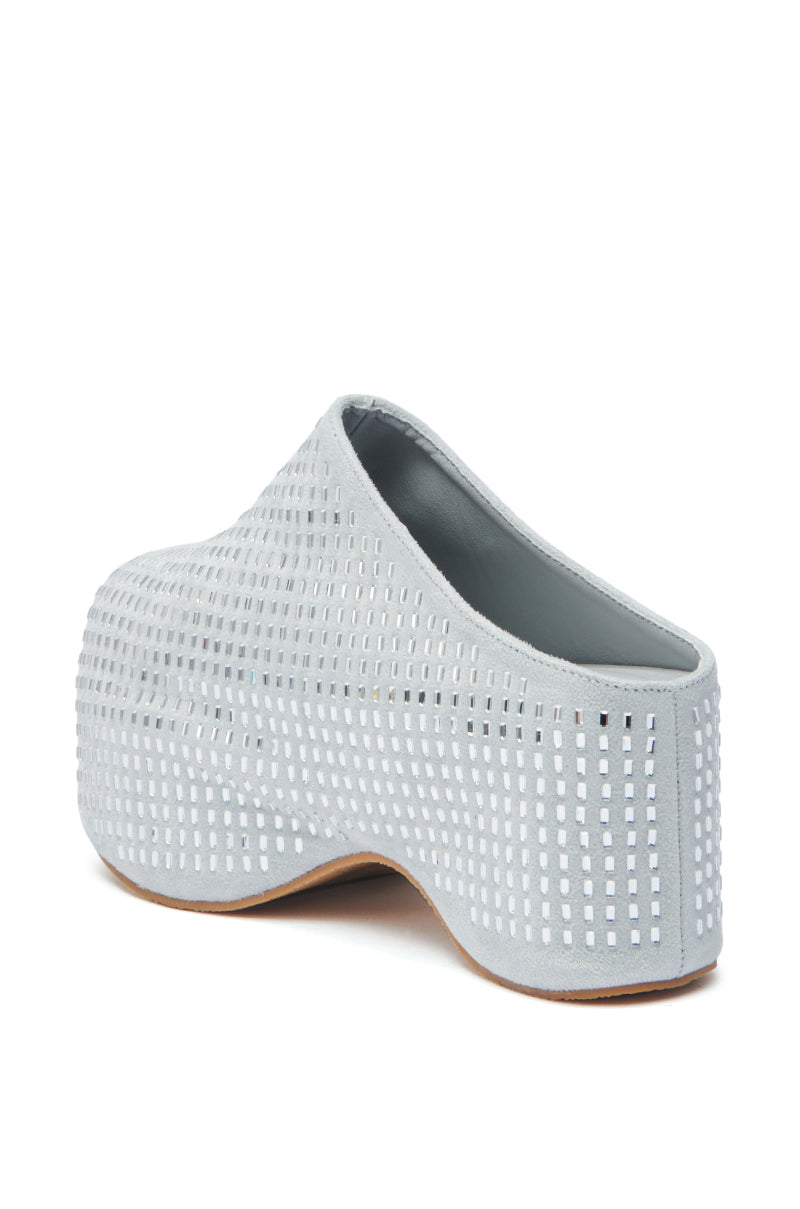 The AZALEA WANG ROMESCO BLING FLATFORM CLOG IN GREY features a slip-on design, grid-patterned faux suede upper, and an extra-thick sculpted platform sole in light gray with white accents.