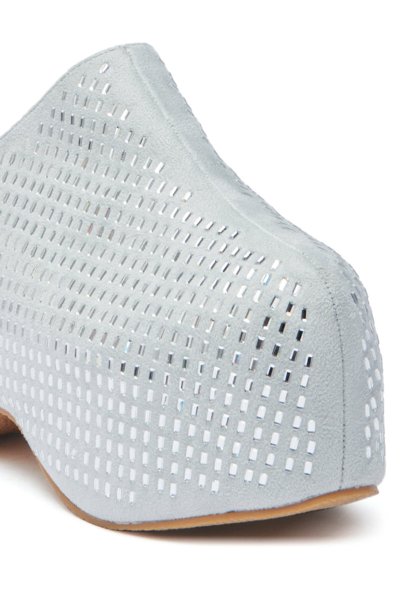 Close-up of the AZALEA WANG ROMESCO BLING FLATFORM CLOG IN GREY, featuring a light gray faux suede finish, thick angular sole, and a textured grid pattern of small square cutouts.