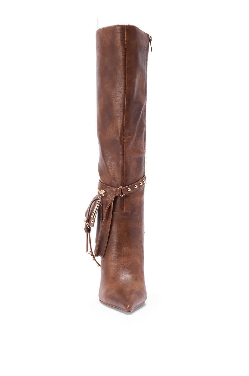 Front view of the AZALEA WANG RONDEL BROWN DISTRESSED STILETTO BOOT featuring a tall brown leather design, pointed toe, ankle strap with buckle, and gold-tone hardware accents.