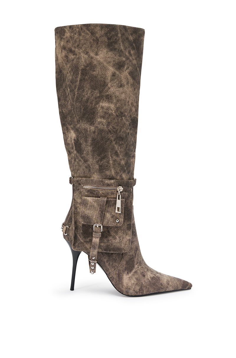 The AZALEA WANG RONDEL BROWN MULTI DISTRESSED STILETTO BOOT is a knee-high, pointed-toe boot in distressed brown faux leather, featuring high heels, a side pocket with zipper, and buckle details. 3