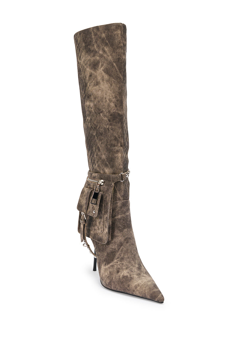 The AZALEA WANG RONDEL BROWN MULTI DISTRESSED STILETTO BOOT features a tall, brown distressed finish, pointed toe, decorative straps, and metallic buckle and zipper accents around the ankle. 4