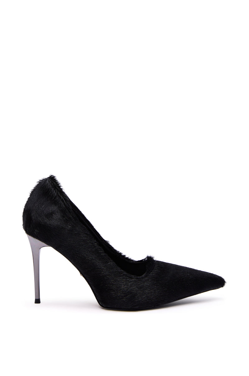 The AZALEA WANG ROSEE BLACK PONY HAIR PUMP is a black, pointed-toe stiletto with a textured pony hair surface, shown in profile on a white background for an elegant, sophisticated look.