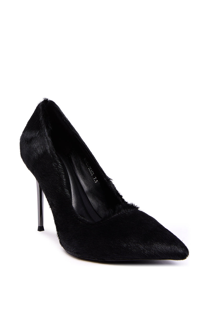 The AZALEA WANG ROSEE BLACK PONY HAIR PUMP is a pointed toe stiletto with a textured pony hair finish, shown against a white background.