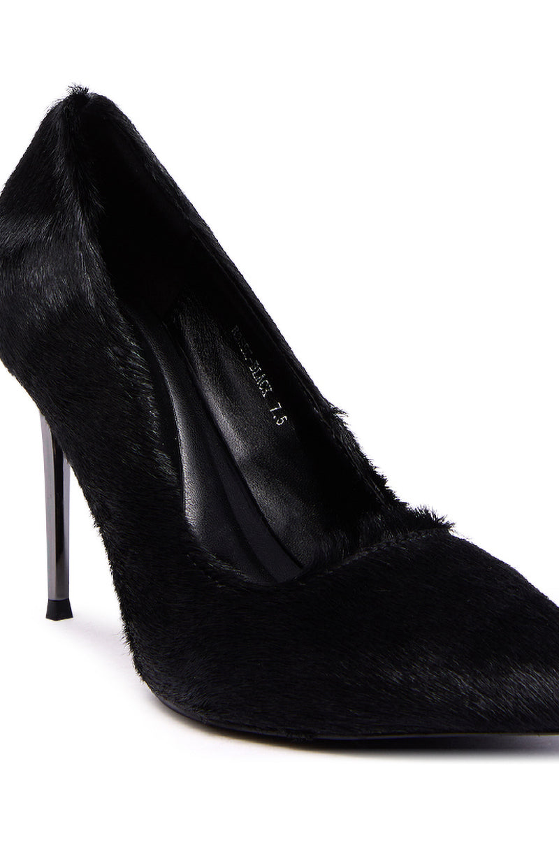 The AZALEA WANG ROSEE BLACK PONY HAIR PUMP features a pointed toe, stiletto heel, and textured faux fur-like finish for a sleek, elegant look that's ideal for formal or dressy occasions.
