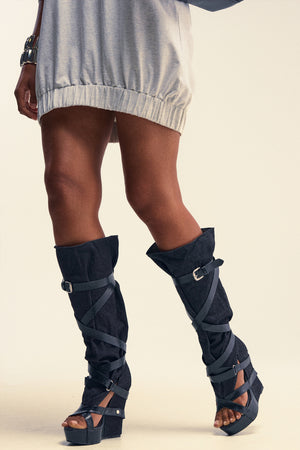 Black Denim Knee High Open Toe Boot | AKIRA