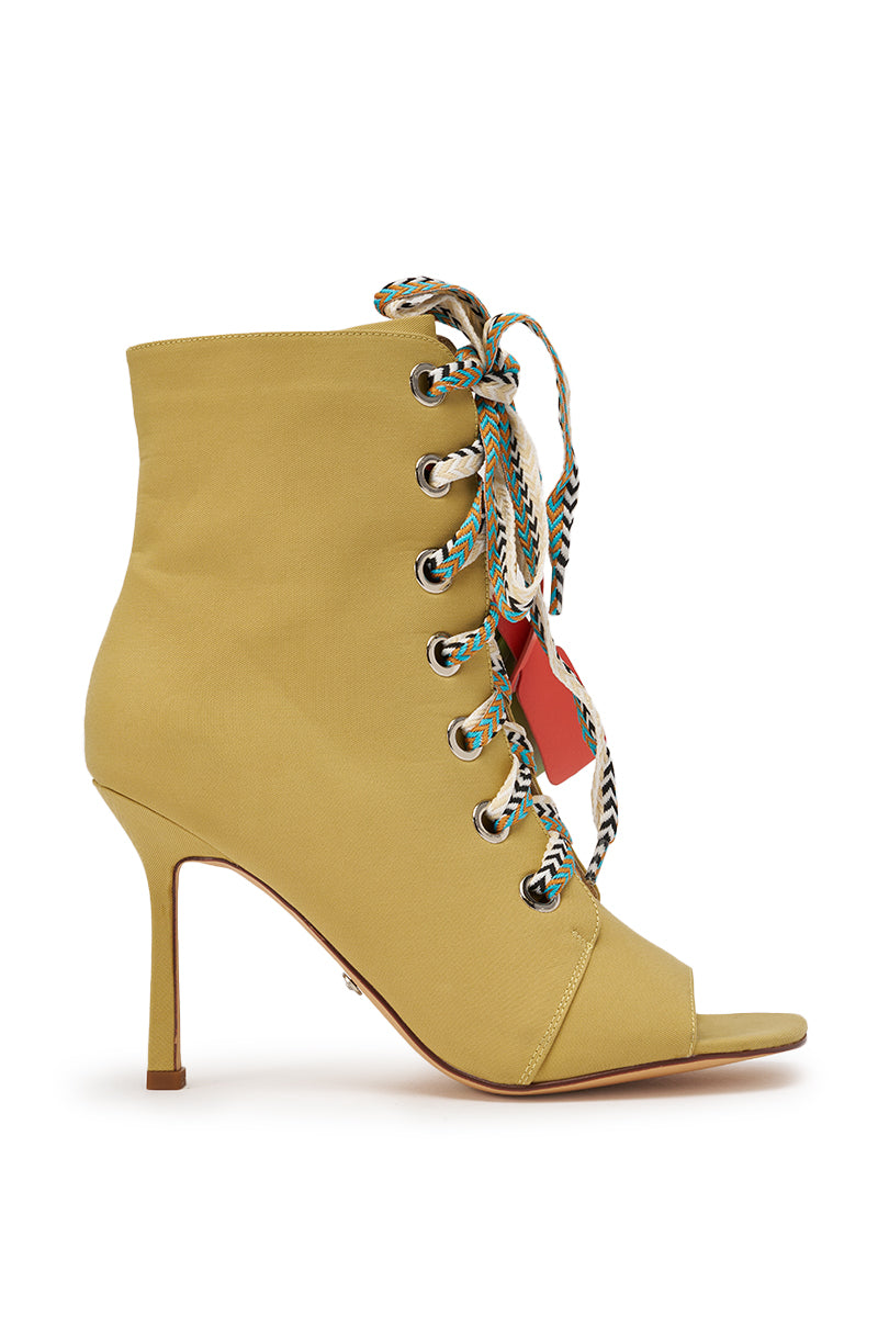 The AZALEA WANG ROVEA KHAKI LACE UP STILETTO BOOTIE features a khaki lace-up design, silver eyelets, multicolored laces tied in front, an open toe, and a slim stiletto heel for standout style. 5