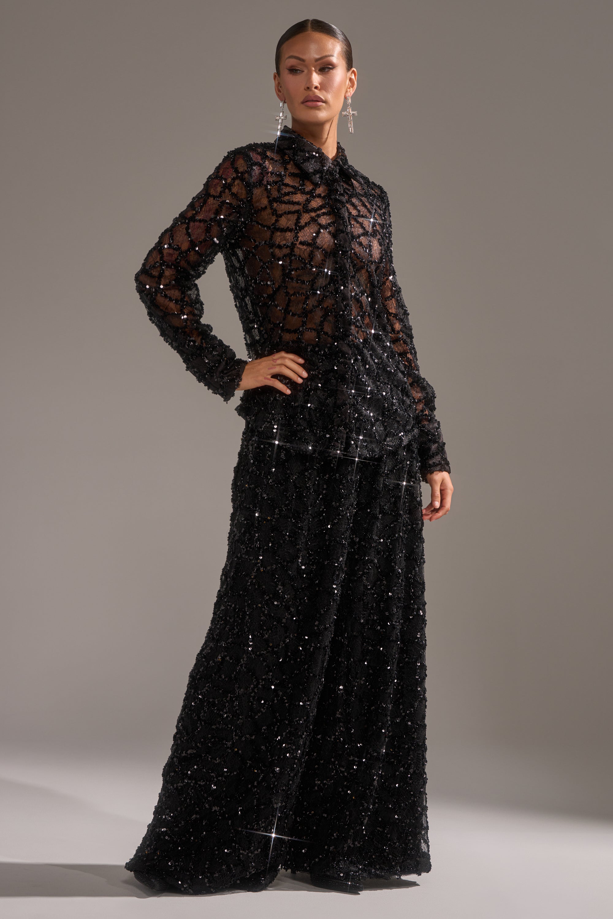 A person stands confidently in sheer, long sleeves, and the ROXY SEQUIN PALAZZO PANT paired with a black blouse. The outfit is completed with slicked-back hair and dangling earrings for an elegant touch.