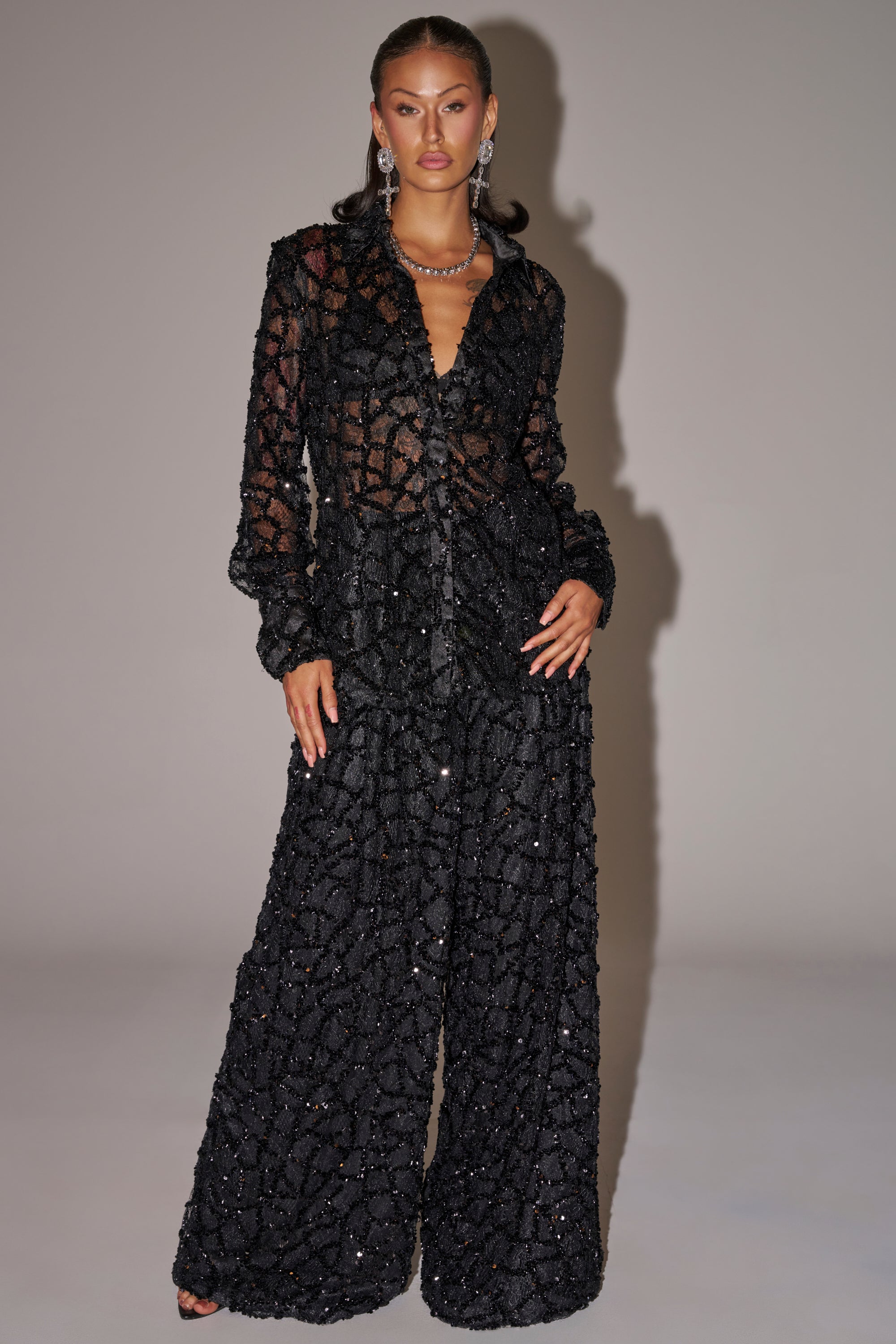 A woman poses against a plain backdrop, wearing a sheer black long-sleeve blouse and the ROXY SEQUIN PALAZZO PANT, featuring a wide leg silhouette, finished with statement earrings and a necklace. 0
