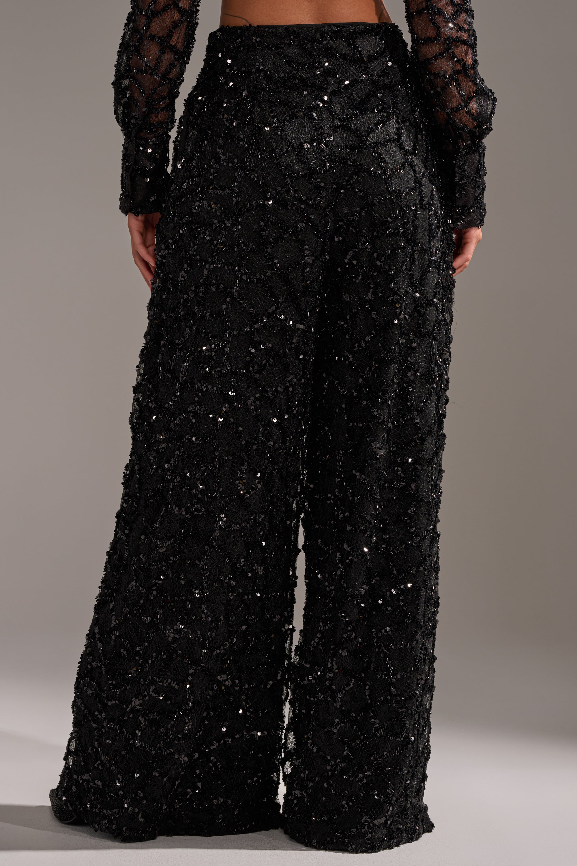 Seen from the back, a person wears the ROXY SEQUIN PALAZZO PANT—high-waisted, wide-leg pants with a textured sequin pattern—paired with matching sheer embellished sleeves.