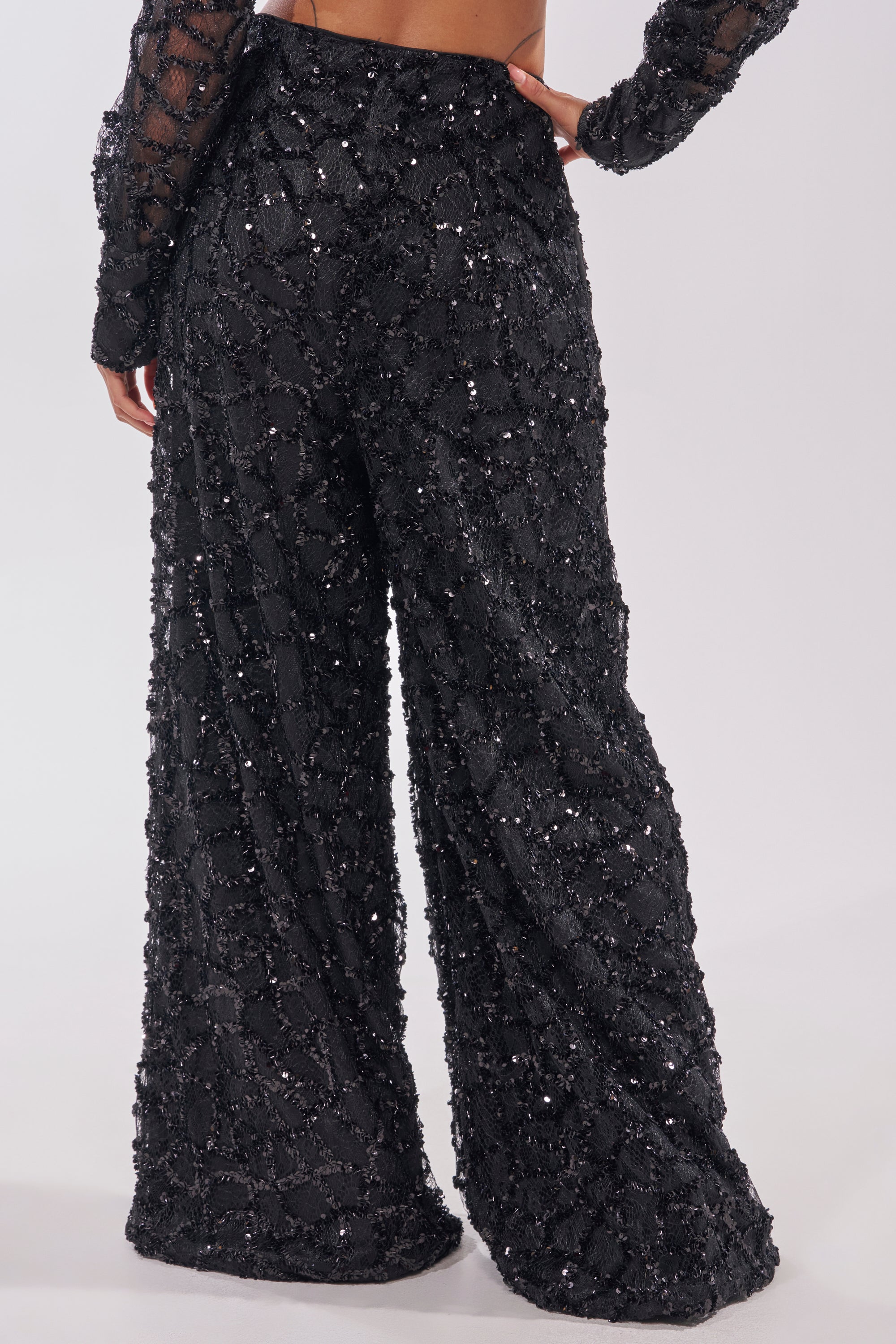 A person is shown from the back wearing ROXY SEQUIN PALAZZO PANT and a matching long-sleeve top, standing against a plain light background to highlight the wide-leg silhouette. 5