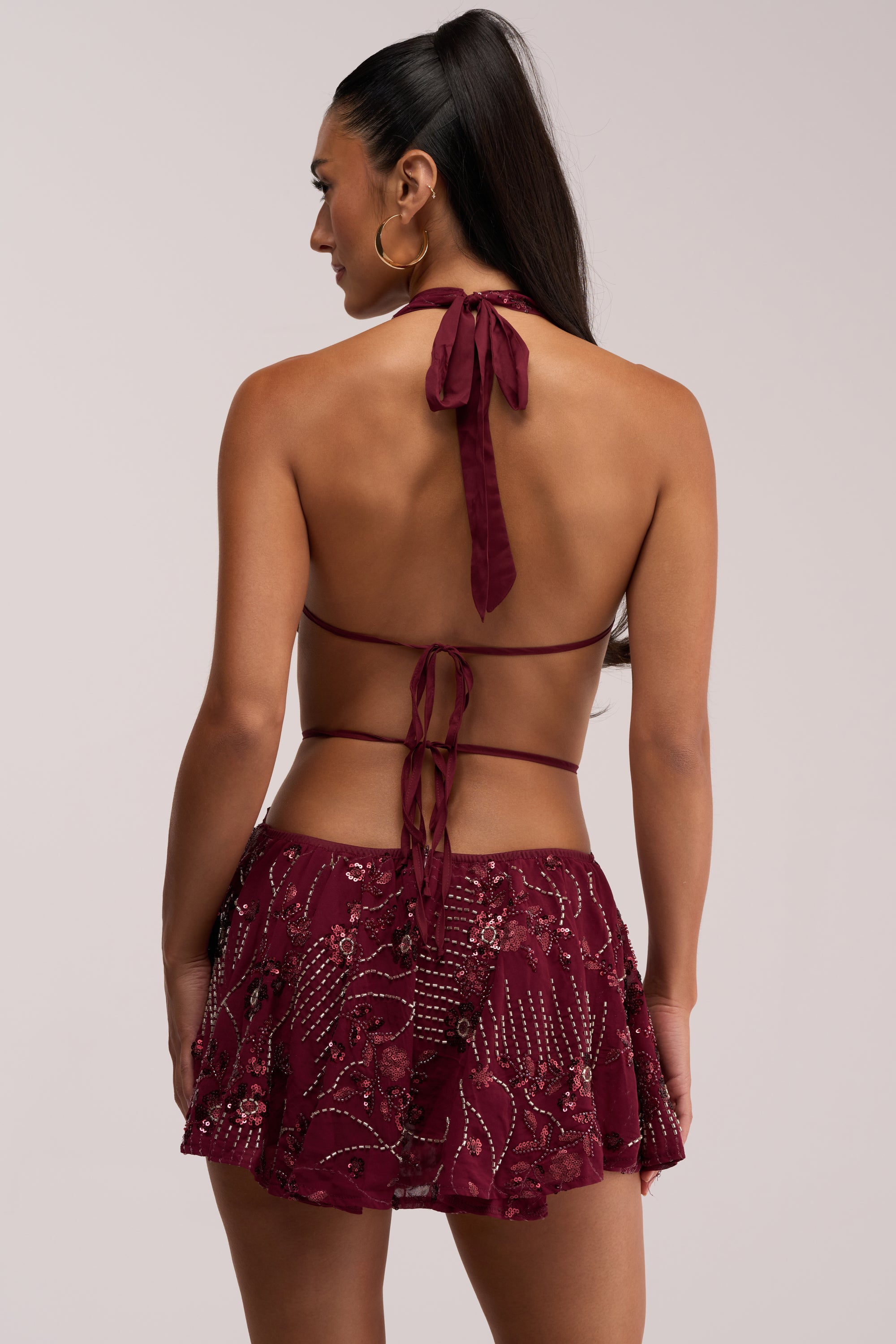 A woman with long dark hair in a ponytail is seen from behind wearing the FELICITY Embellished Mini Dress in Plum—a backless, halter-neck party dress adorned with shimmering sequin embellishments.