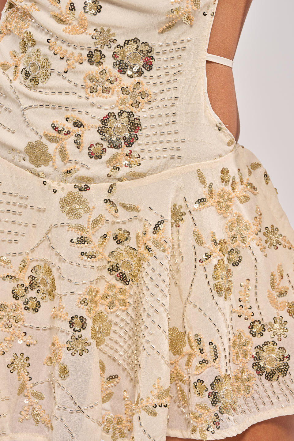white and gold mini dress AKIRA Felicity Embellished Mini Dress