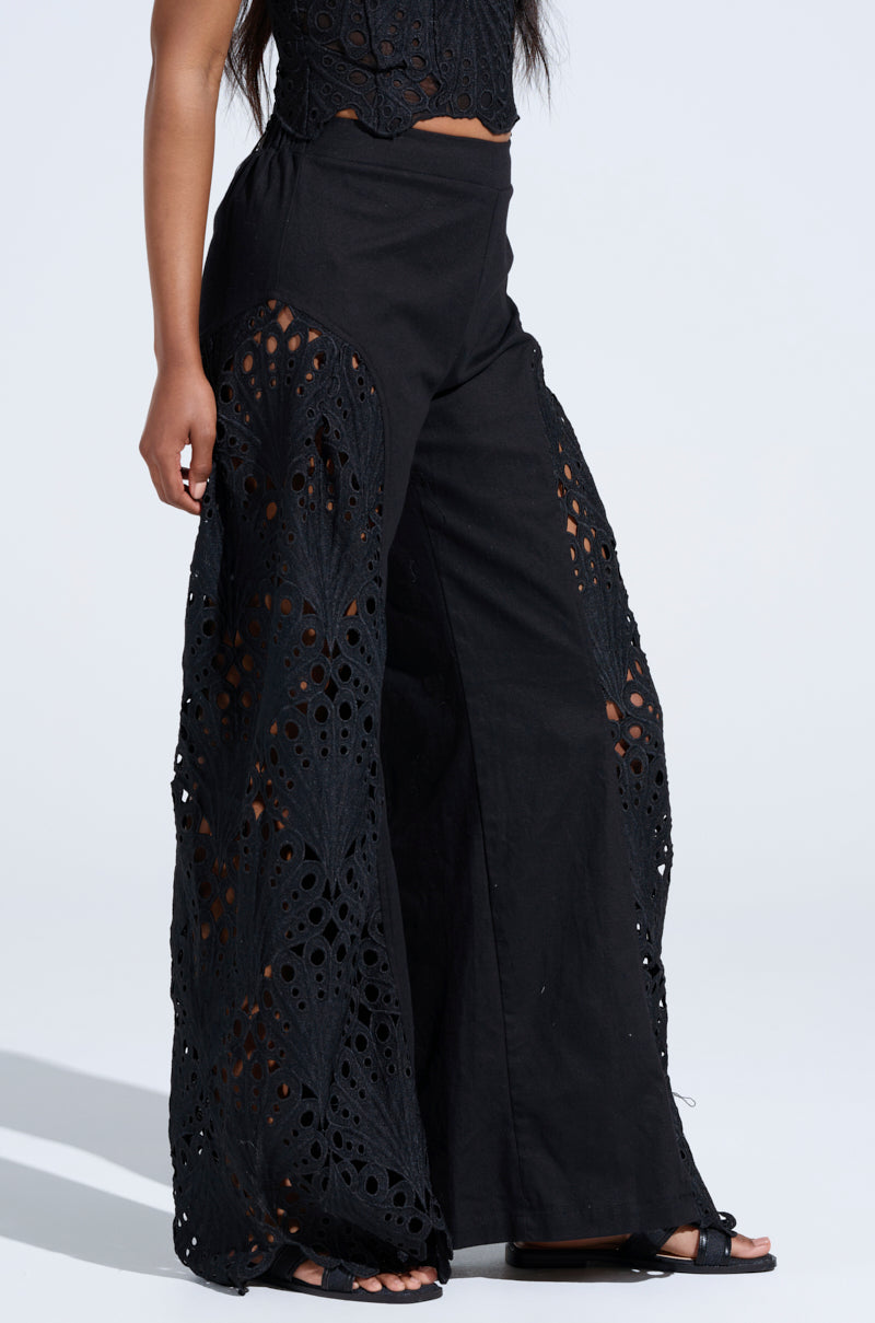 Against a light blue background, someone wears a stylish black outfit. The ensemble includes a sleeveless top paired with elegant YOU WILL SEE WOVEN TROUSER featuring intricate cut-out lace designs on the wide-leg pants.
