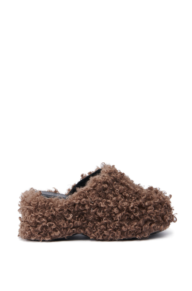 A single AZALEA WANG RUPERBT BROWN CURLY MULE slipper, featuring a brown faux fur upper with a textured curly surface, a closed toe design, and a flatform sole, displayed against a plain white background. 2
