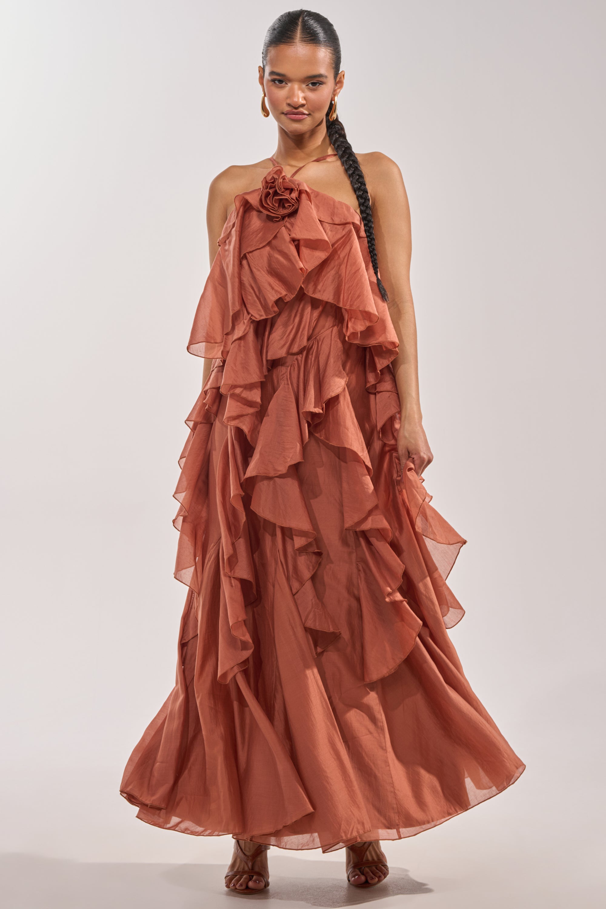 house of cb dress brown AKIRA Kiss Me Slow Chiffon Maxi Dress In Rust