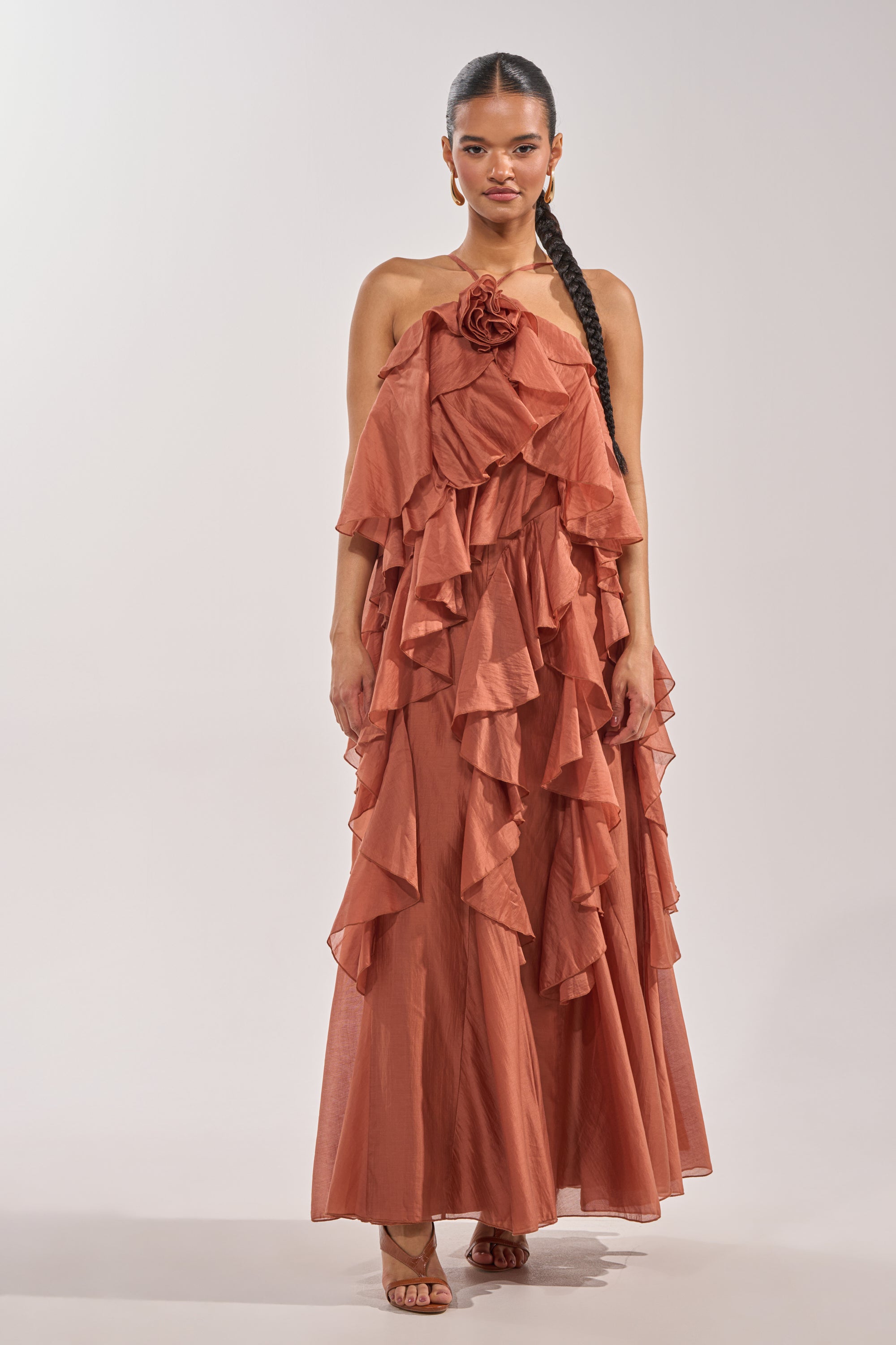 AKIRA Kiss Me Slow Chiffon Maxi Dress In Rust AKIRA Kiss Me Slow Chiffon Maxi Dress In Rust