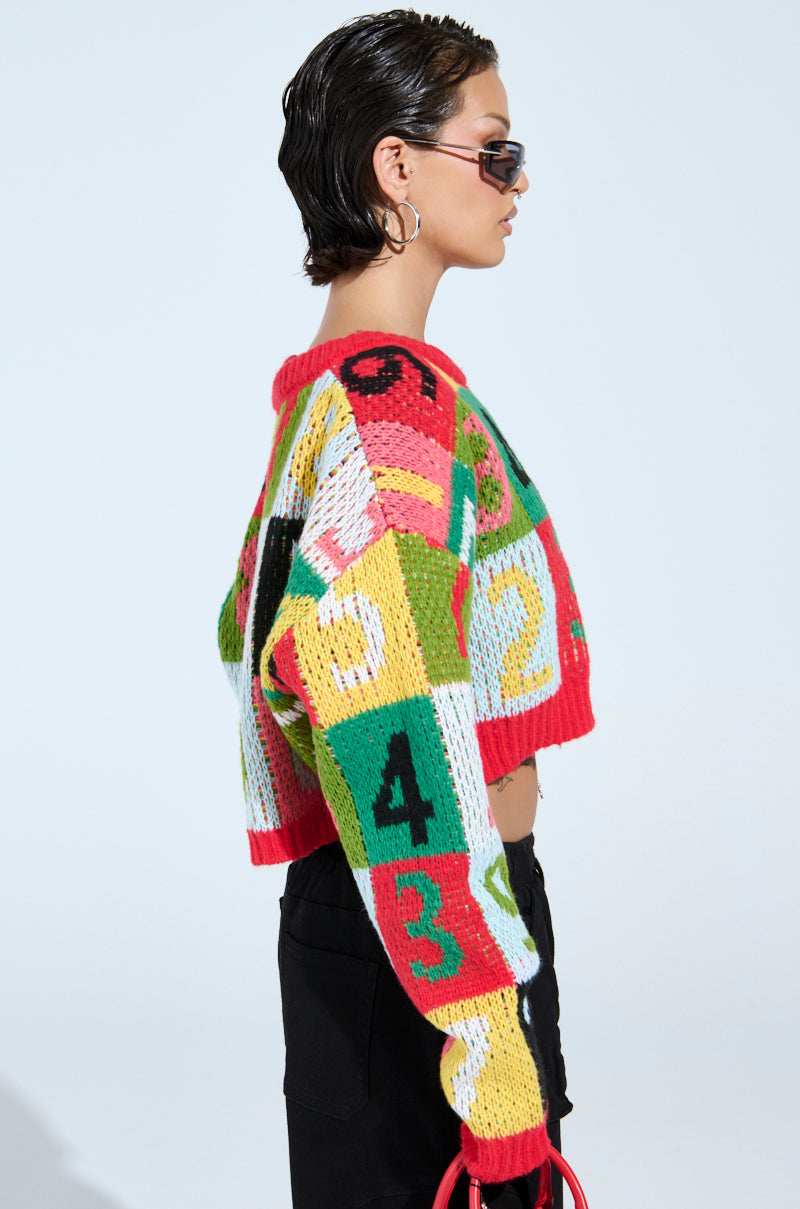 A person in profile wears the TOO MANY NUMBERS SWEATER, a colorful color-block knit with a number pattern, paired with black pants. They sport short, slicked-back hair, sunglasses, hoop earrings and hold a red bag against a plain background.